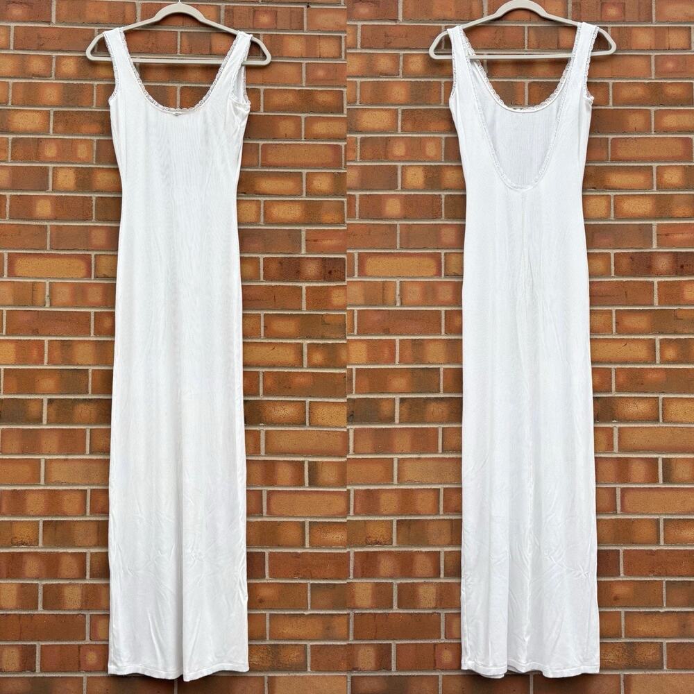 SKIMS White Ribbed Maxi Dress Size Medium Lace Trim Bow Stretch